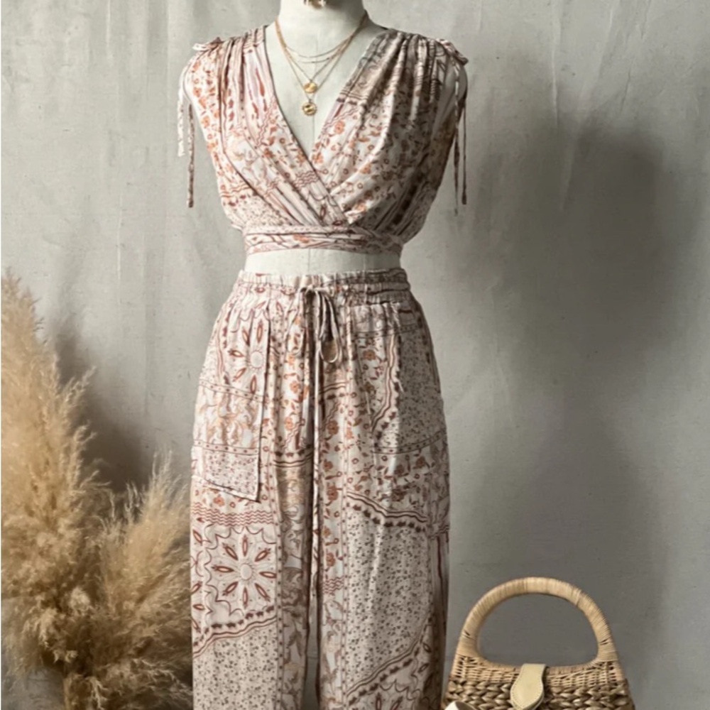 Bohemian Print Jumpsuit in Cream and Brown